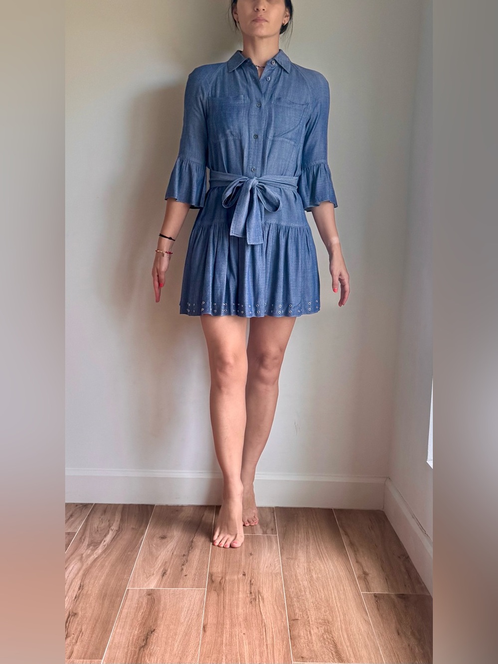 Derek Lam 10 Crosby Denim Mini Dress | Ruffle Sleeve Button-Down Belted Dress